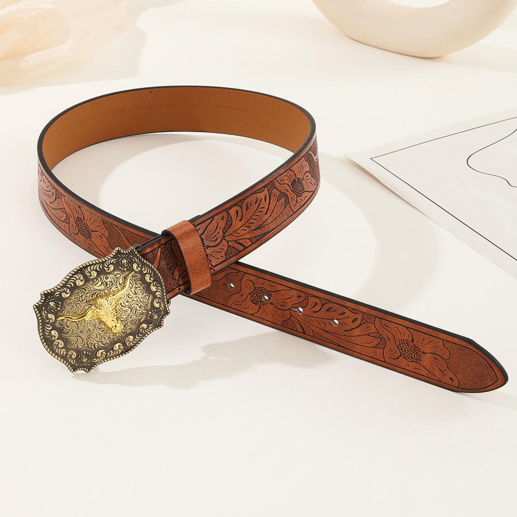 Vintage Western Belt Longhorn Bull Belt Buckle Belt Cowboy Belts For Men Western With Big Buckle Jeans Belt Leather Belt