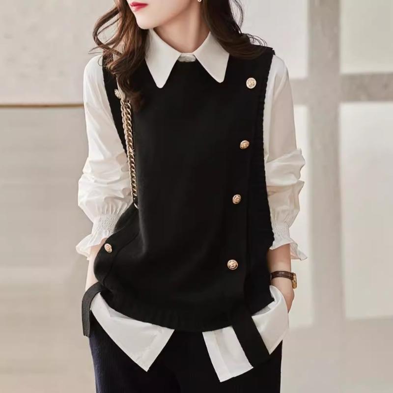 Корейский поддельный жилет с длинным рукавом, трикотажная рубашка, женский свободный свитер, жилет, топ на осень-зиму