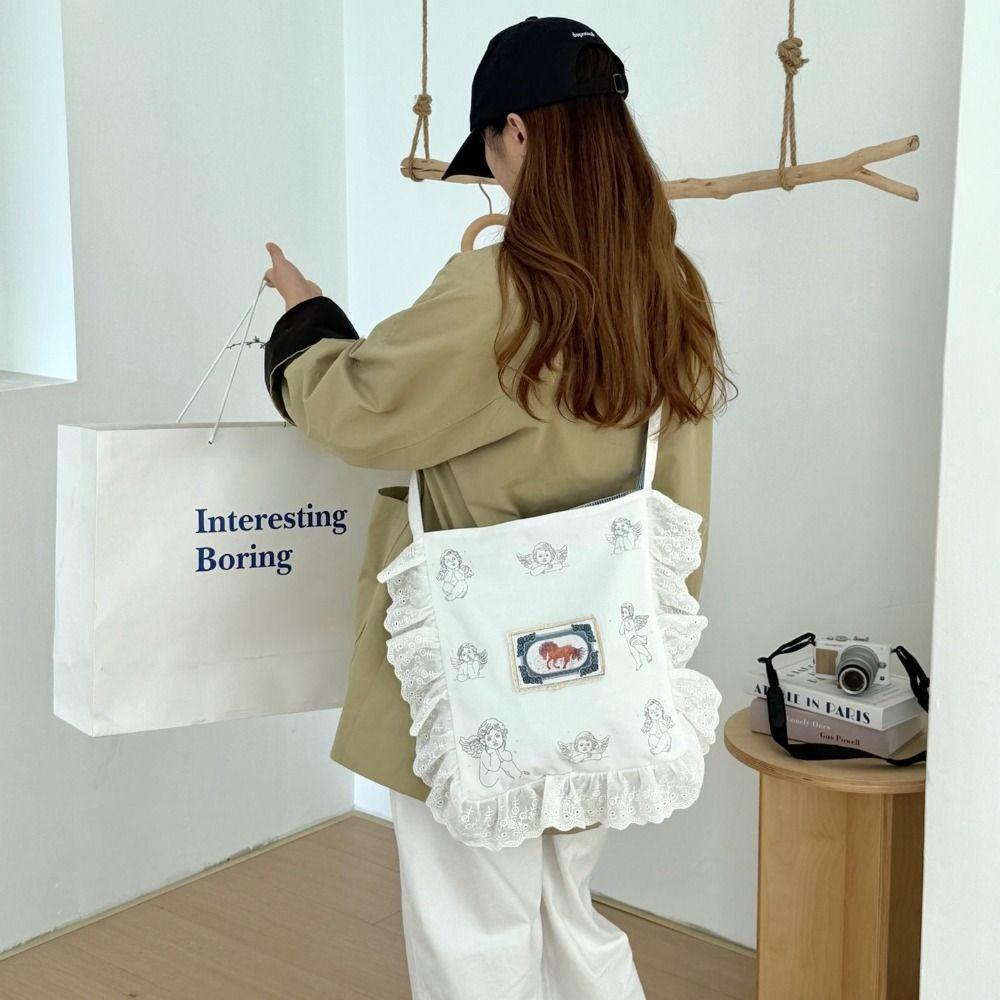 Polka Dot Bow Shoulder Bag Large Capacity Plaid Shoulder Bag Ruffle Lace Canvas Bag  Outdoor