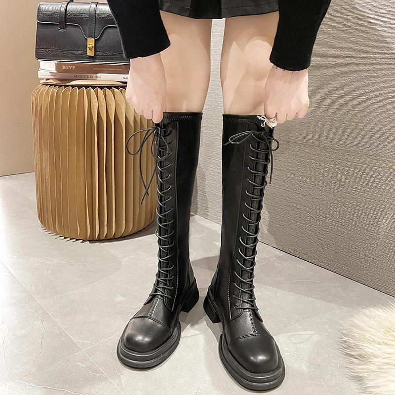 Long Boots Women's 2024 New Heightened Elastic Boots Thick-soled Knight Boots But Knee-length Lace-up Women Women Shoes