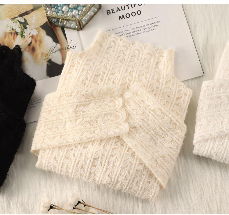 Топ из сетки с высоким воротником и кружевом с начесом для женщин - Модный осенне-зимний слой