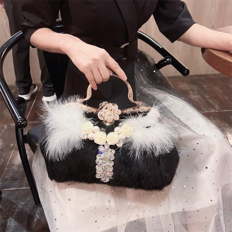 2025 Осень/Зима Новая Сумка с Бриллиантами Модная Сумка Бостон Меховая Сумка для Волос