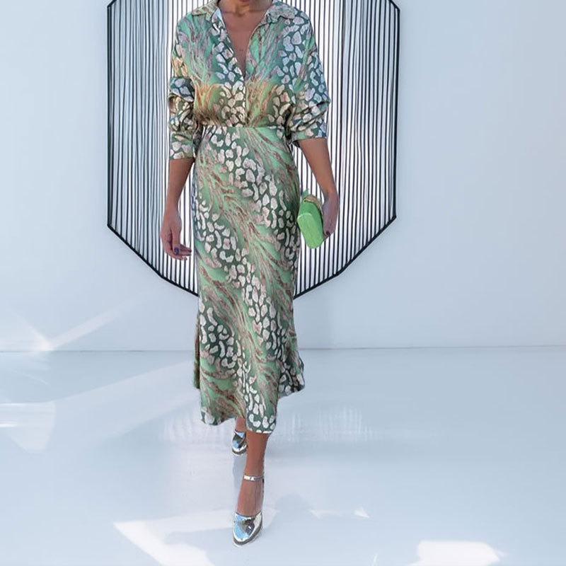 Women Elegant V Neck Long Sleeve Printed Shirt Midi Dress Two Piece Set