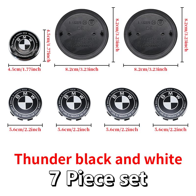 BBKR7 Car Thunder black white Logo Front Hood Emblem 82mm+Rear Badge 74mm+Wheel Hub Cap 68mm+56mm steering wheel sticker For All BMW