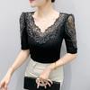 New Summer Luxury Shiny Hot Diamonds Women's Embroidery Flower T-Shirt Elegant V-Neck Lace Patchwork Tops Female Transparent Mid-Sleeve Tees