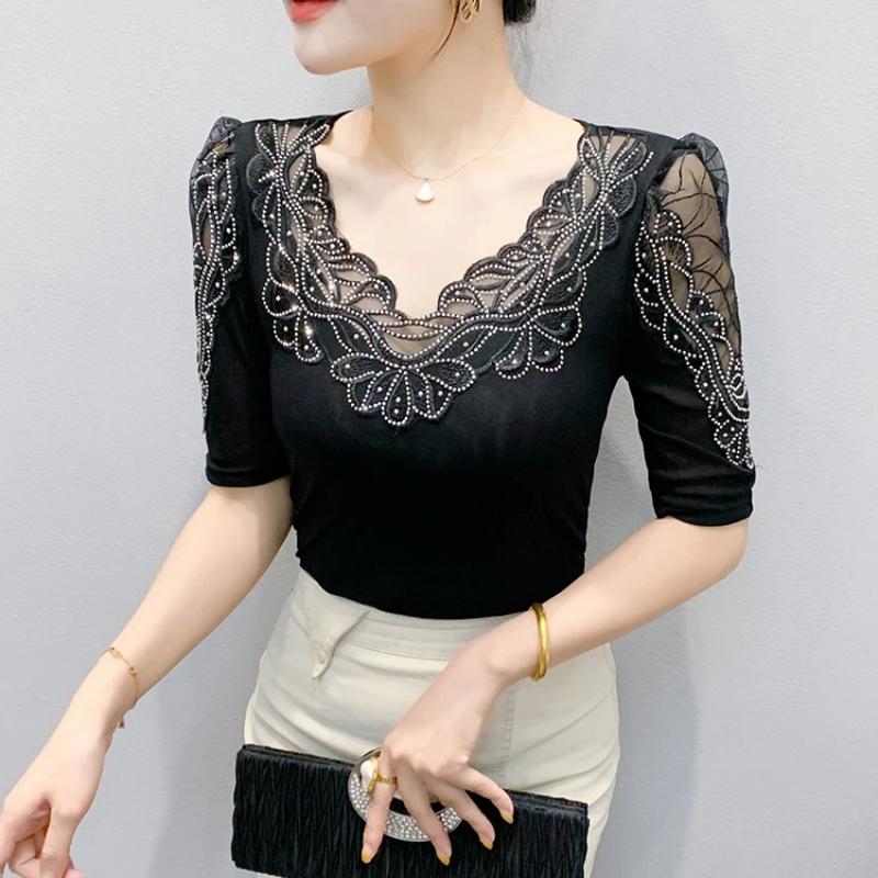 New Summer Luxury Shiny Hot Diamonds Women's Embroidery Flower T-Shirt Elegant V-Neck Lace Patchwork Tops Female Transparent Mid-Sleeve Tees