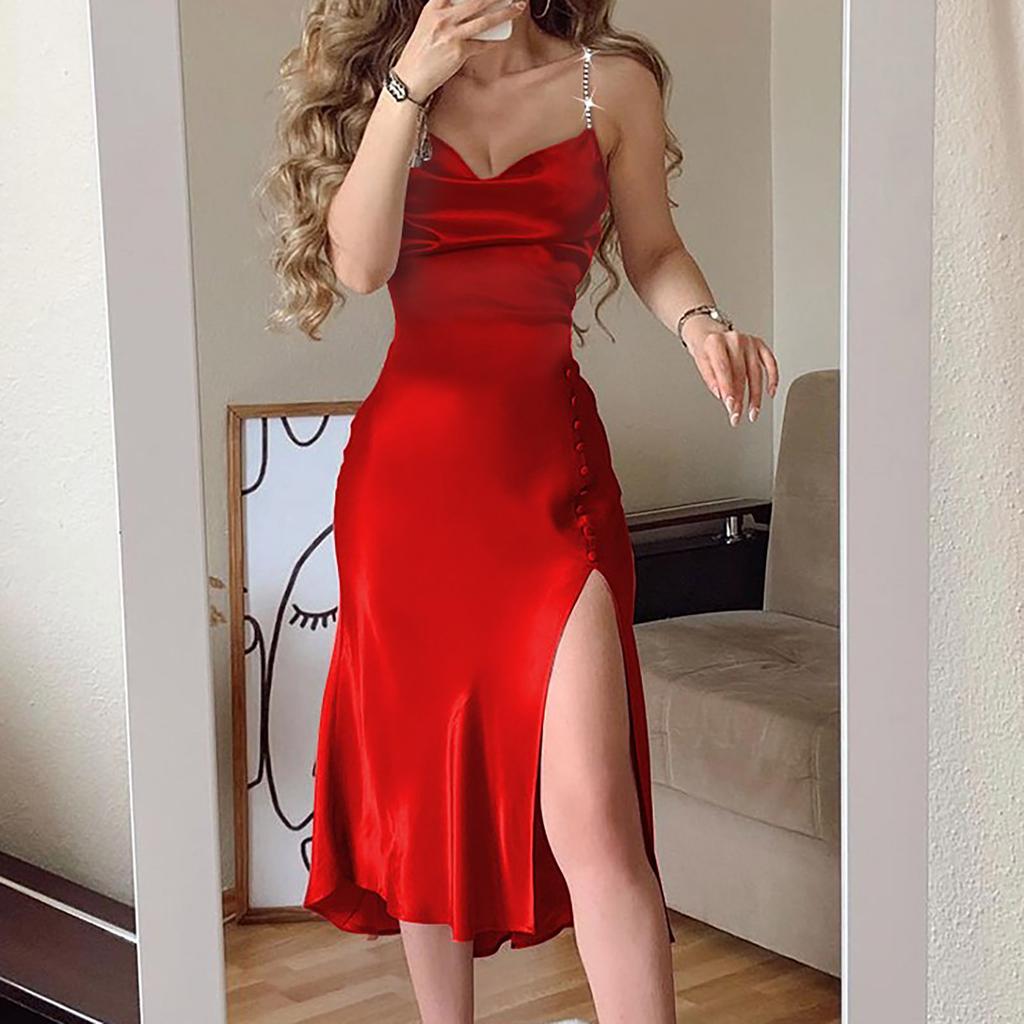 Женское модное платье с v-образным вырезом и бретельками из бисерной цепочки