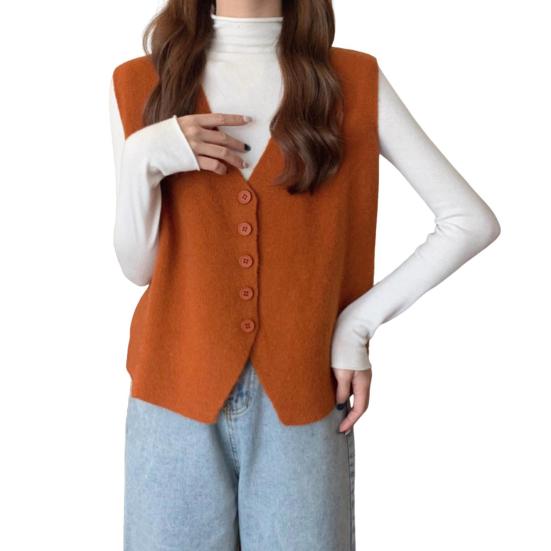 Осень-зима Женский жилет с V-образным вырезом на пуговицах Однотонный свободный трикотажный толстый сохраняющий тепло свободный свитер без рукавов