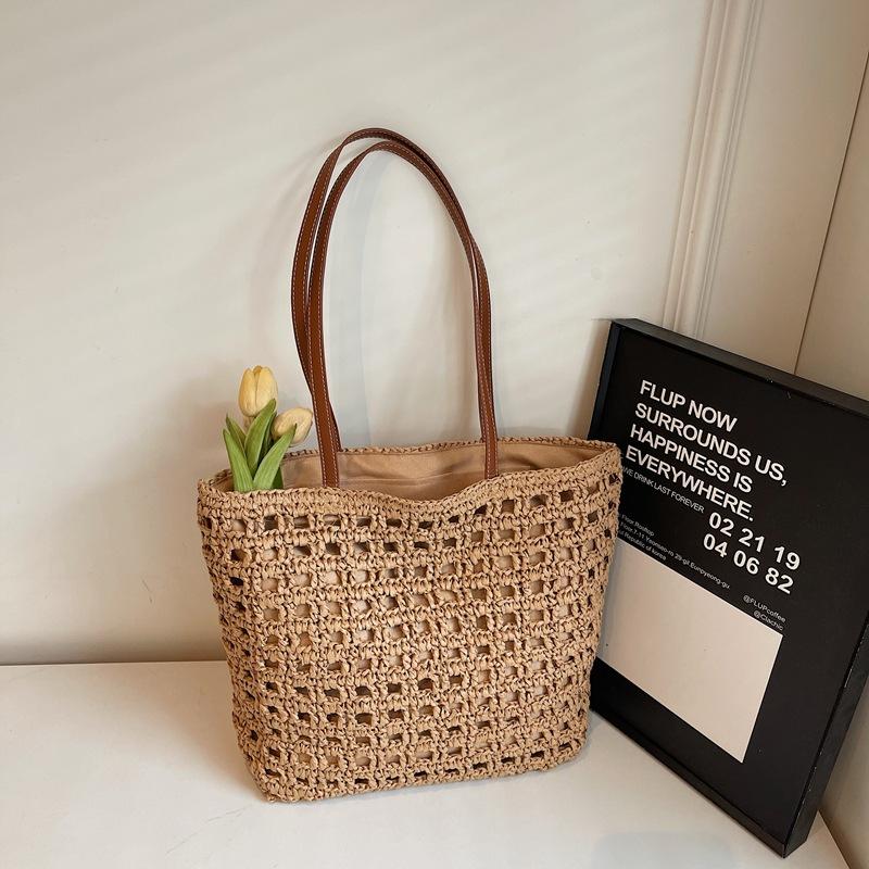 New Waffle Grid Straw Bag Lazy Wind Hollow Paper Rope Shoulder Woven Bag Large Capacity Casual Beach Women's Bag