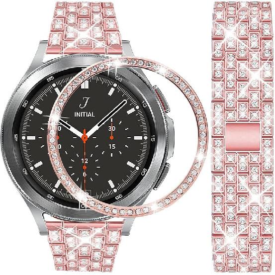 Ремешки, совместимые с Samsung Gear Sport/Galaxy Watch 42mm / Galaxy 4 Classic (42мм), Роскошный ремешок из нержавеющей стали с бриллиантами и стразами и кольцом-безелем