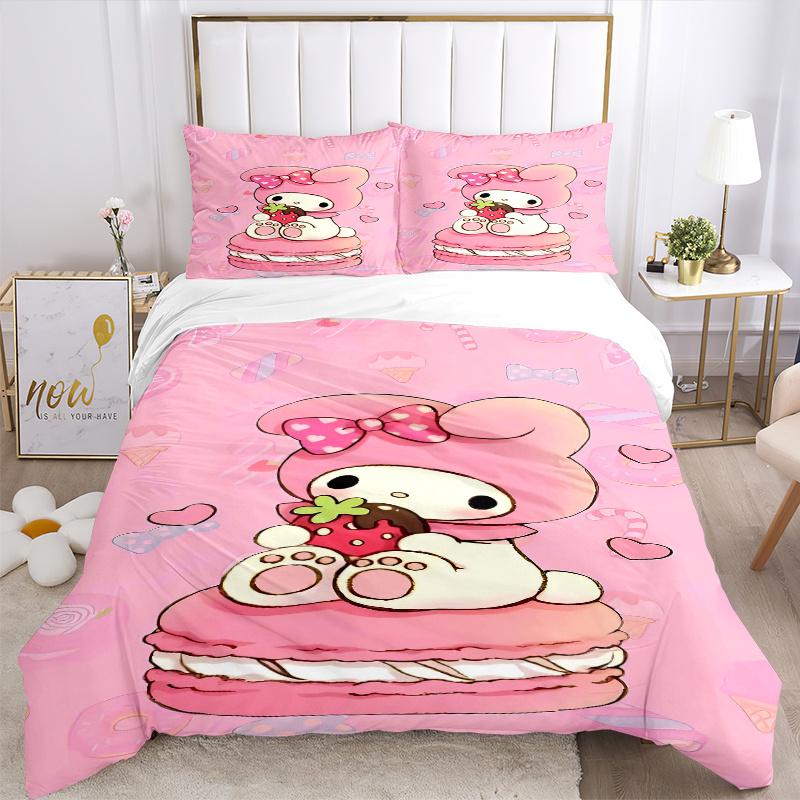 3 шт. Набор постельного белья с рисунком розовых макарон и My Melody, 1* Пододеяльник + 2* Наволочки, Набивной комплект постельного белья, Мягкий и удобный.S068
