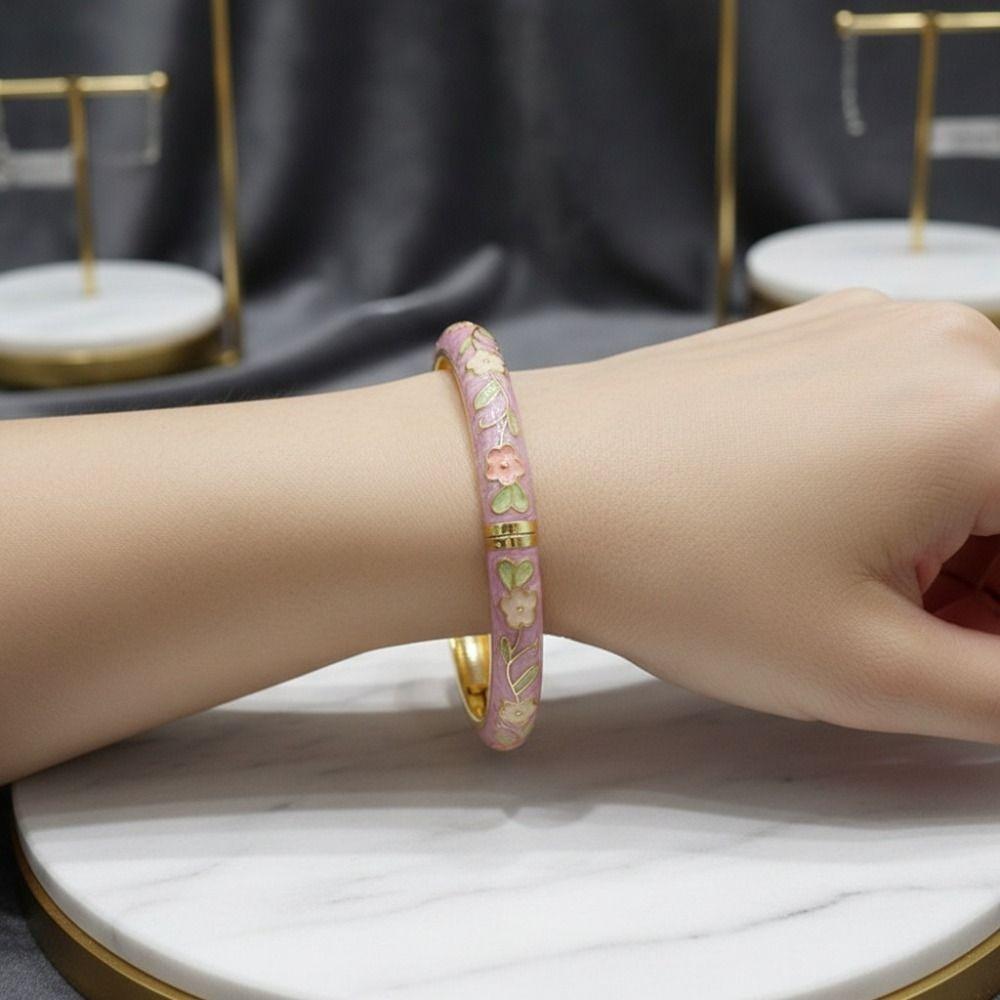 Flower Pattern Cloisonne Bracelet Rustic Style Women Bangle Blossom Enamel Bracelet Gift