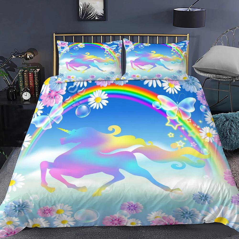 Unicorn Soft Duvet Cover Purple Pink Carton Dream Warm Comforter Cover Set Women Stars Rainbow Rhinestone Beding Set for Tenage Young Girls