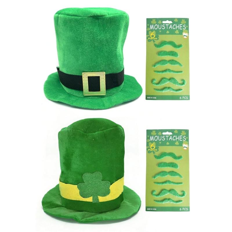 Green Irish Festival Hat with 6 Artificial Moustaches Beards Patricks Day Cosplay Hat for Men Women Festival Celebration