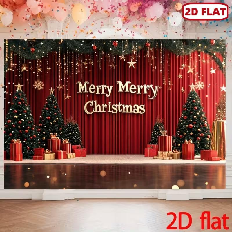 2D Red & Gold Christmas Tree Gift Stage Photo Background