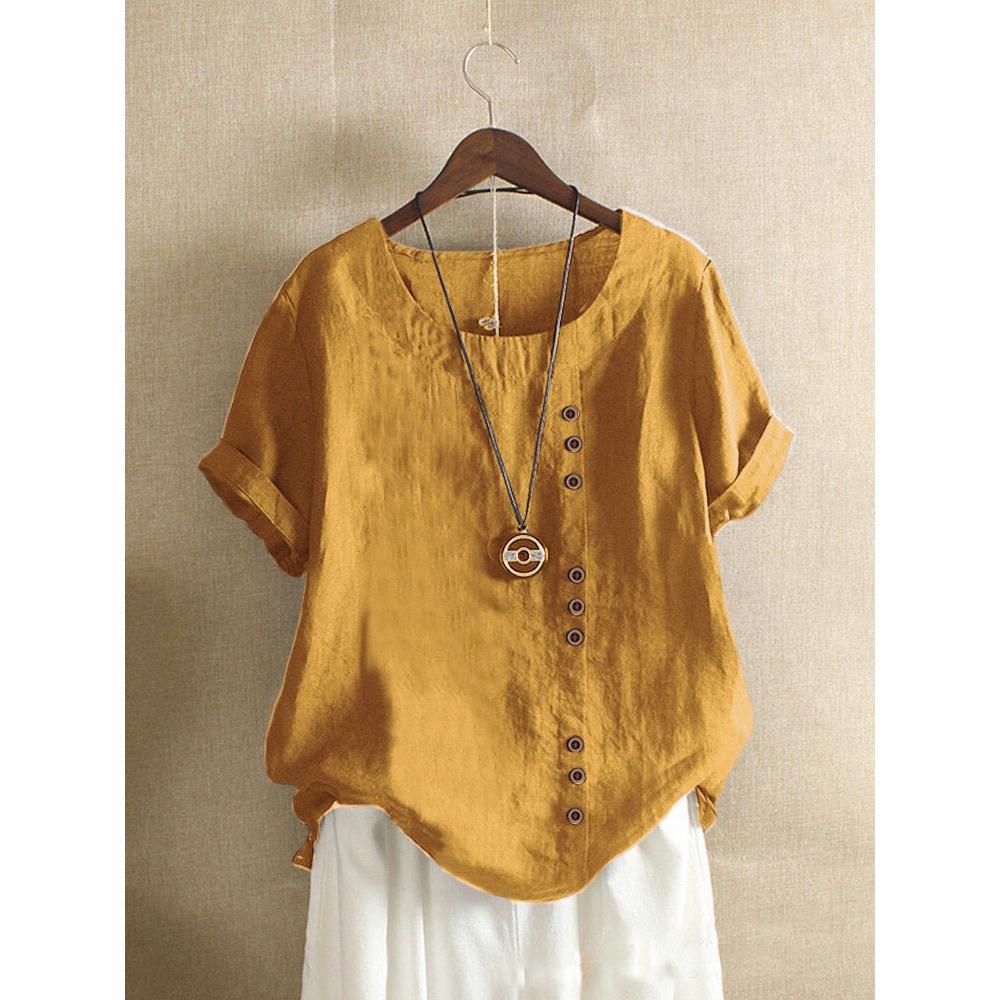 GMXIA Women's Fashion Casual Summer Solid Color Print Short Sleeve O-Neck Blouses & Shirts