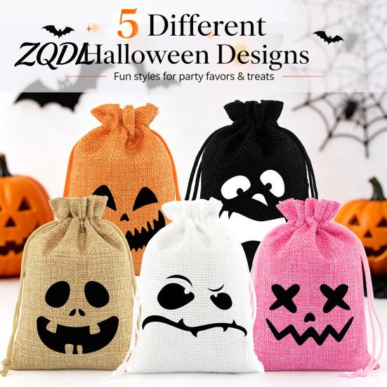 Themed Event Goodie Bags 5Pcs Halloween Candy with Drawstring, Funny Ghost Pumpkin Print Gift Pouches Portable Holders for Party Favors And