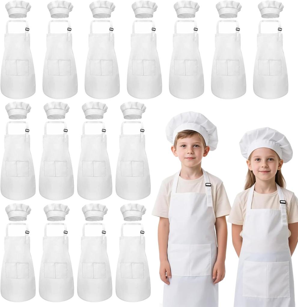 Kids Apron and Chef Hat Set, 30 Pieces Adjustable for Cooking Baking Painting, Ages 6-13, White