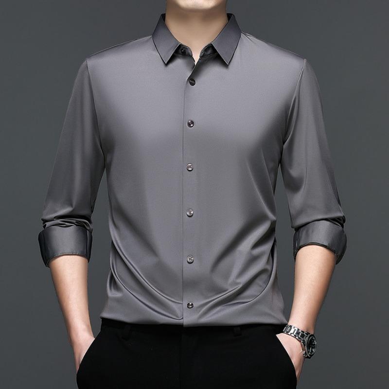 Men Seamless Wrinkle Resistant Solid Color Long Sleeve Business Casual Shirt