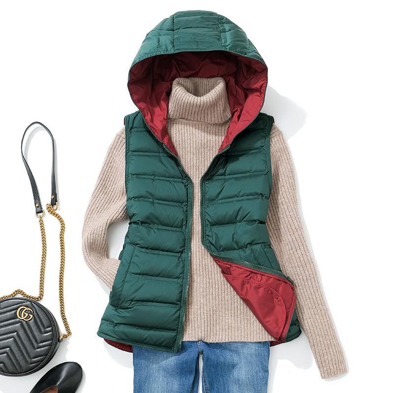 Womens Short Hooded Down Vest Slim Fit Lightweight Seamless Fabric Color Block Winter