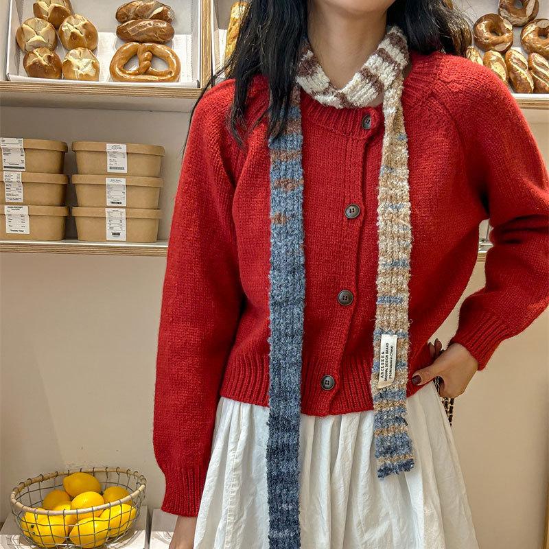 Новый нишевый дизайн, полосатый, цветной, тонкий и узкий, длинный шерстяной шарф для женщин, модный и универсальный, вязаный шарф из пряжи