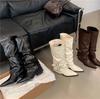 Ботильоны с острым носком и плиссированным голенищем женские на толстом каблуке 2025 панк-стиль рыцарские ботинки жареный уличный горячий стиль ботильоны на высоком каблуке