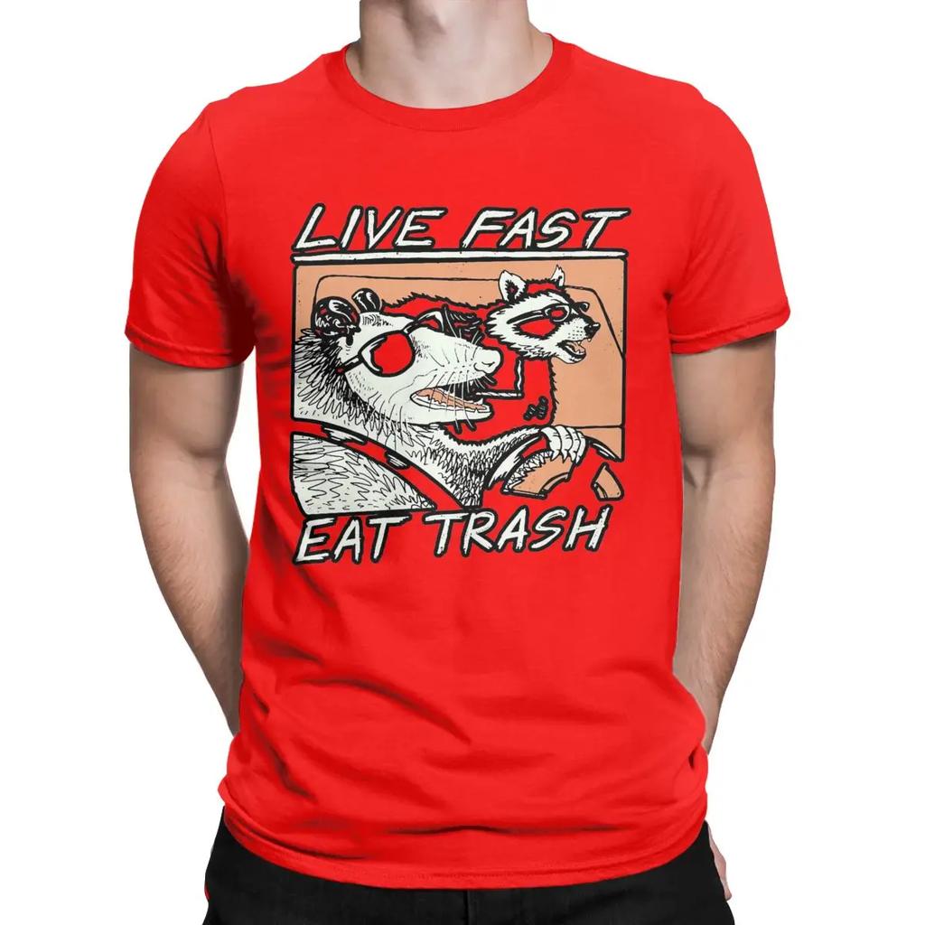 Graphic Raccoon Live Fast Eat Trash Men's T Shirt Casual Tee Shirt Short Sleeve Round Neck T-Shirt Cotton 4XL Clothes