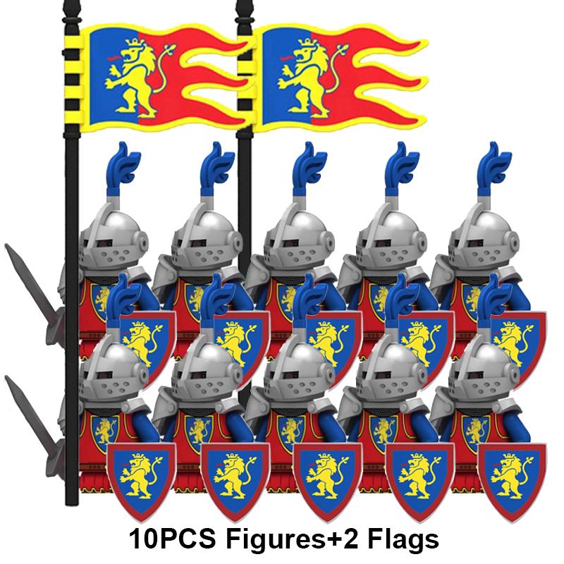 Европейские средневековые военные фигурки рыцарей и солдат, строительные блоки, флаги крестоносцев, оружие, щит, меч, шлем, игрушки в сборе