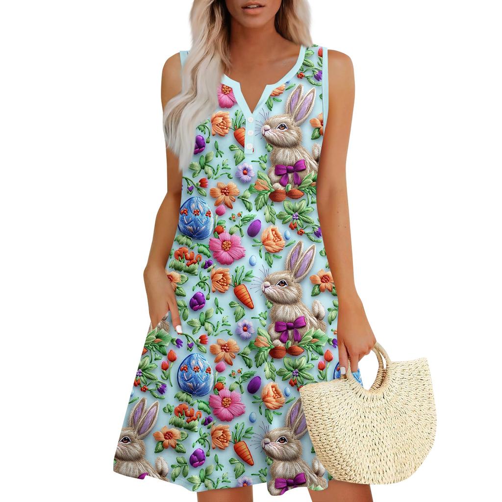 Женское повседневное платье-жилет с V-образным вырезом и боковыми карманами на пуговицах и пасхальным принтом