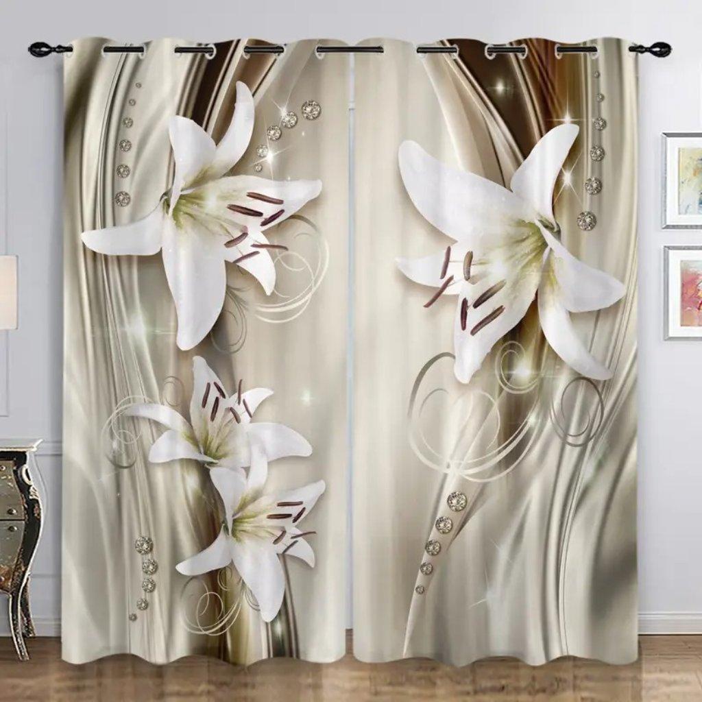 2pcs Vintage Sunflower Print Curtain Digital Printing Living Room Curtains, Grommet Top Rod Pocket Hook Curtains