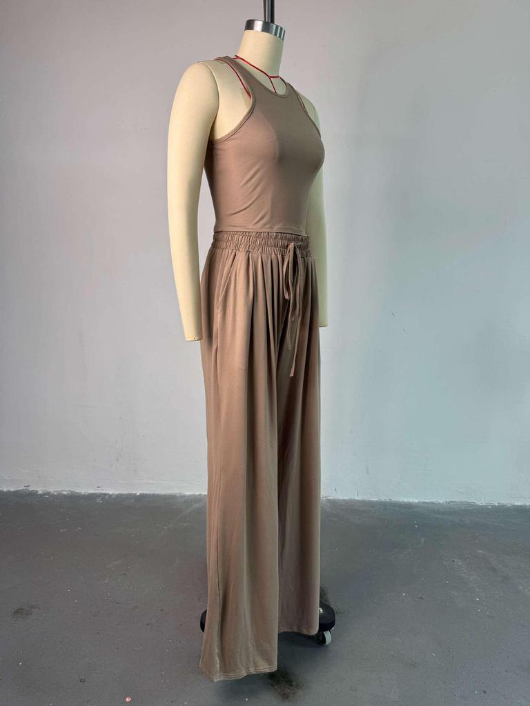 Женский комплект-тройка весна/лето 2025: Повседневное длинное пальто, майка и широкие брюки на завязках