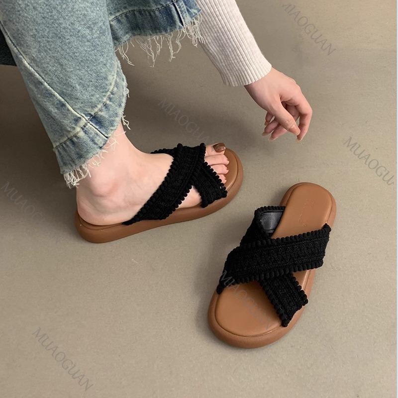 Summers Women Flat Bottom Slipper Open Toe Summer Retro Woven Cross Bohemian Style Slides Sandals Casual Outside Beach Slipper