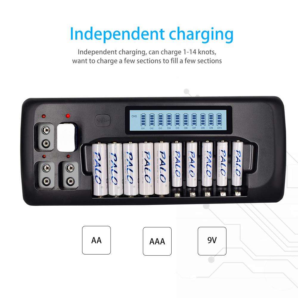 PALO Зарядное устройство для аккумуляторов AA AAA 9 В ЖК-дисплей 14 слотов интеллектуальное зарядное устройство для быстрой зарядки аккумуляторов AA AAA 9 В