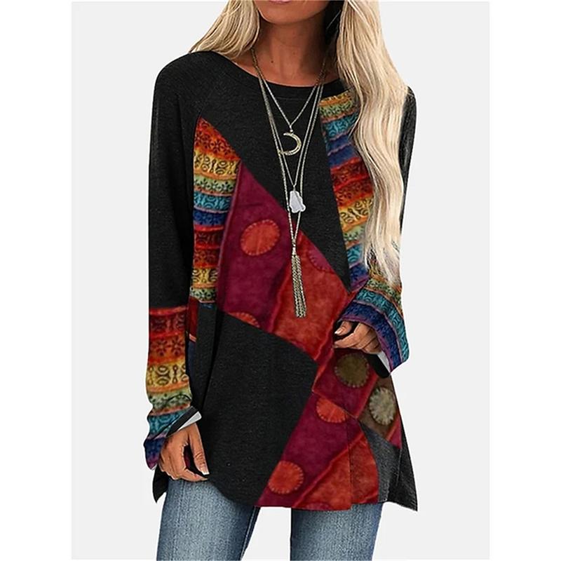 Круглый вырез с 3D-принтом, модные и повседневные женские футболки с длинными рукавами