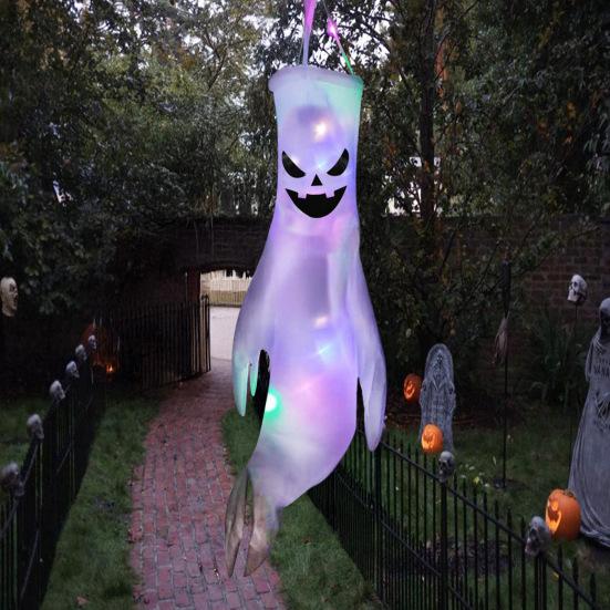 43 Inch Halloween Ghost Windsock Flags with LED Lights Outdoor Hanging Scary Light Up Ghost Wind Socks for Tree Yard Porch Garden Decor