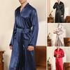 Men Fall Spring Bathrobe Smooth Satin V Neck Lace Up Waist Belted Long Sleeve Solid Color Pockets Soft Breathable Mid Length Homewear Nightgown