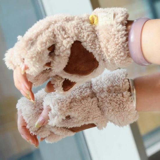 Women Cat Paw Gloves Cute Fuzzy Warm Half Finger Gloves Winter Plush Animal Paw Gloves for Girls Teens Cosplay Costume Parties Daily Wear