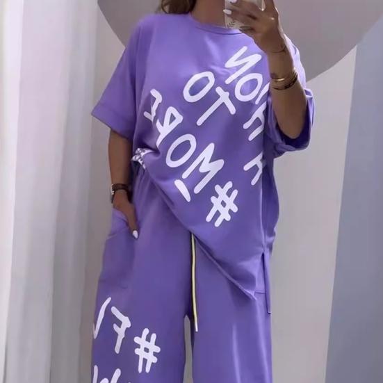 O-Neck Short Sleeve T-shirt Waist Ties Pockets Harem Pants Set Letter Print Casual Tracksuit