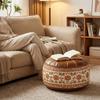 PU Leather Lotus Print Seat Cushion Cover Unstuffed Round Footstool Cover  for Living Room