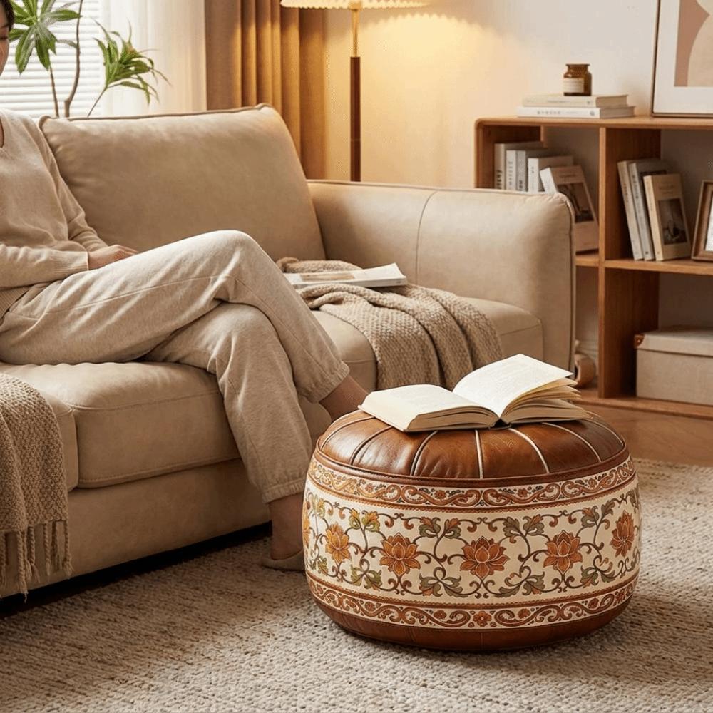 PU Leather Lotus Print Seat Cushion Cover Unstuffed Round Footstool Cover for Living Room