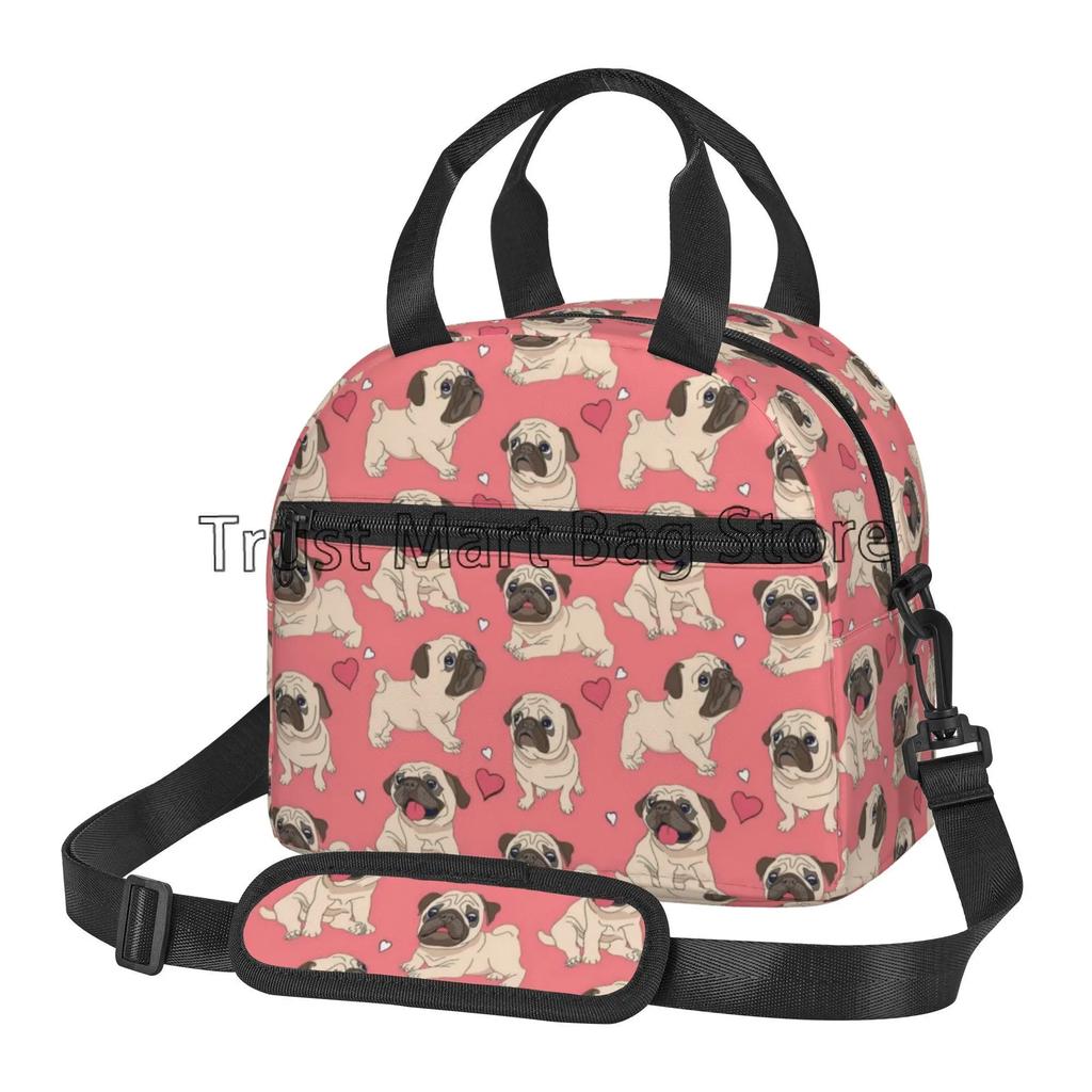 Cute Pug Dog Insulated Lunch Bag for Women Kids Thermal Lunch Box Portable Cooler Tote Bags for School Work Picnic Beach Travel