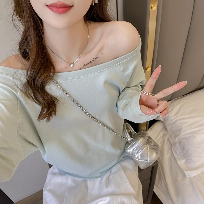 Футболка с открытыми плечами и длинными рукавами для ранней весны и осени, женская базовая рубашка свободного кроя, можно носить как верхнюю одежду