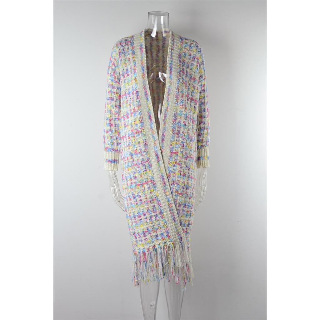 Women Plaid Open Front Long Cardigan Colorful Tassel Hem Long‑sleeve Knit Coat Casual Loose Maxi Outerwear For Ladies