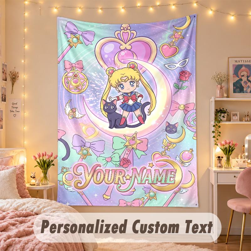 Custom Personalized Tapestry,Sailor Moon Print Custom Name Text Wall Art Hanging for Bedroom