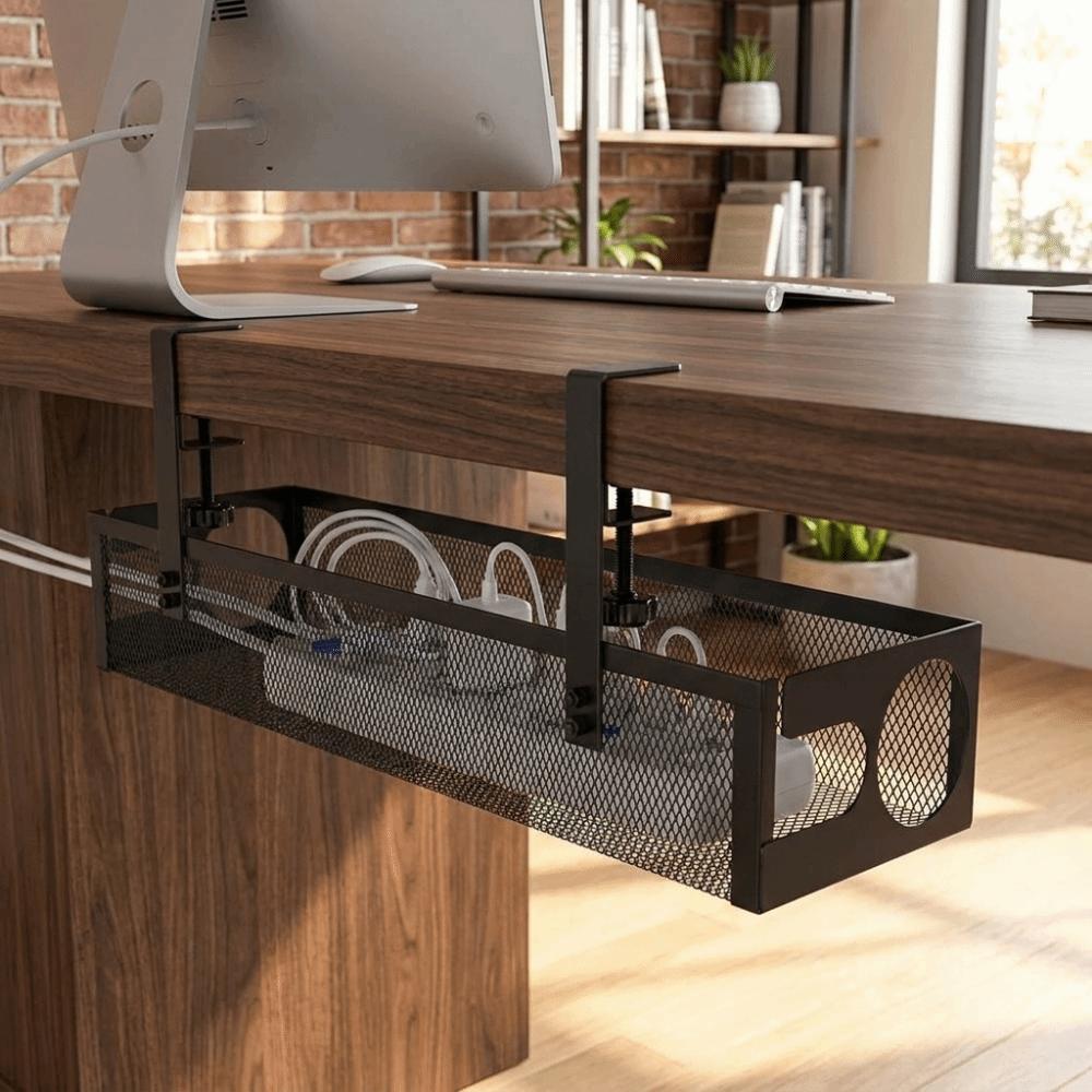 No Drilling Under Desk Wire Management Tray Space Saving Power Strip Cord Holder Office