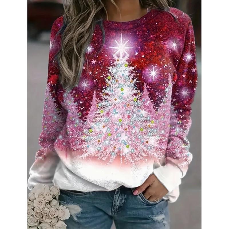 Весенне-осенний женский топ с рождественским принтом, футболка с круглым вырезом, повседневный милый стиль, футболка с длинным рукавом