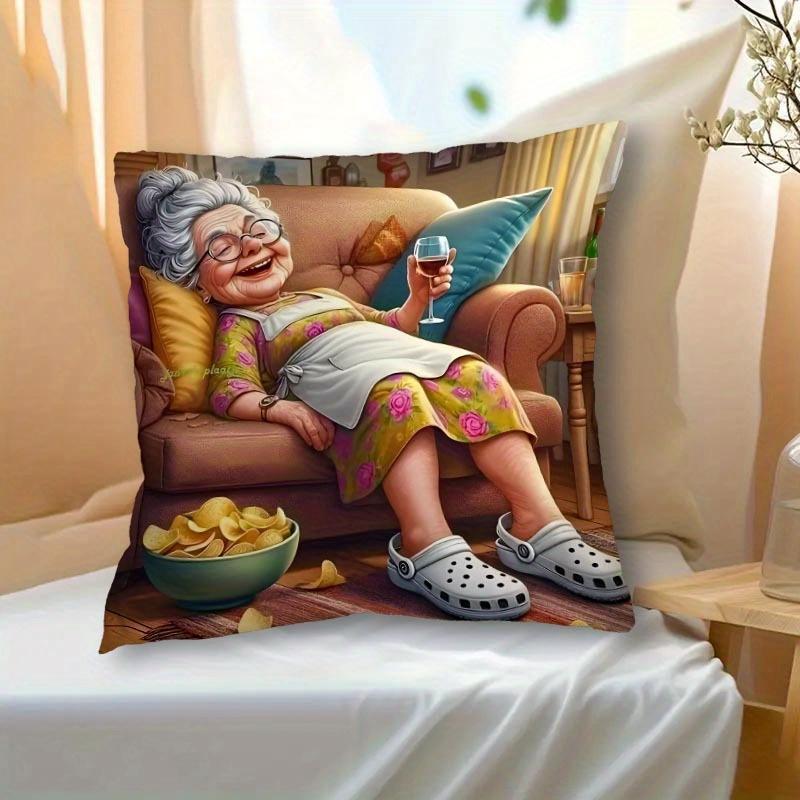 1Pc Cartoon Happy Grandma Themed Printed Throw Pillow Cover, Suitable For Sofa, Bedroom, Living Room, A Fun Gift For Seniors.