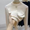 Женская осенне-зимняя базовая рубашка с полувысоким воротником, с длинным рукавом, новинка, с вырезами, с внутренним бархатом, утолщенный топ