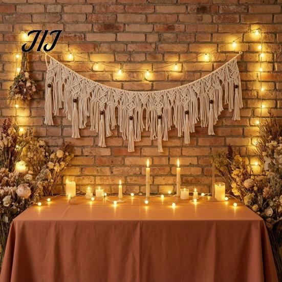 Bohemian Home Decor Boho Garland Wall Hanging with Wooden Beads, Hand Woven Cotton Tassel Banner, for Nursery Nordic Window Tapestry, Bedroom