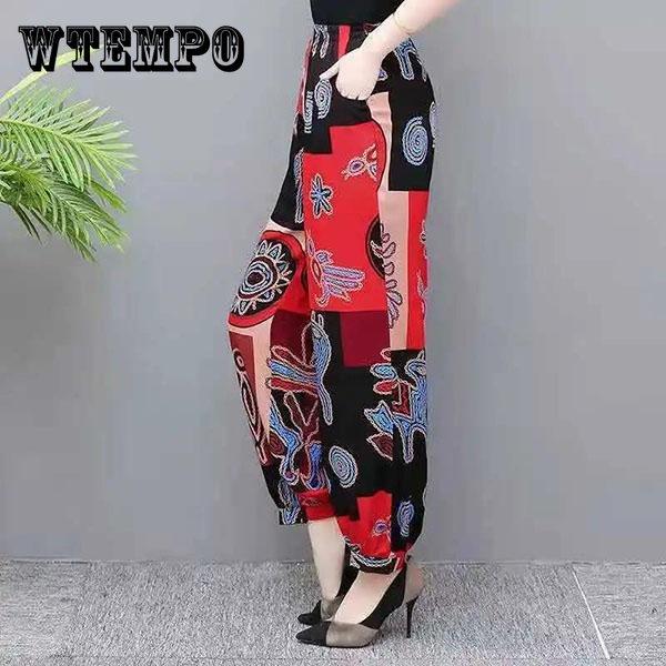 Women's Spring Wide Leg Pants Summer Plus Size Printed Trousers Autumn Ice Silk High Waist Mosquito Proof Loose Trousers